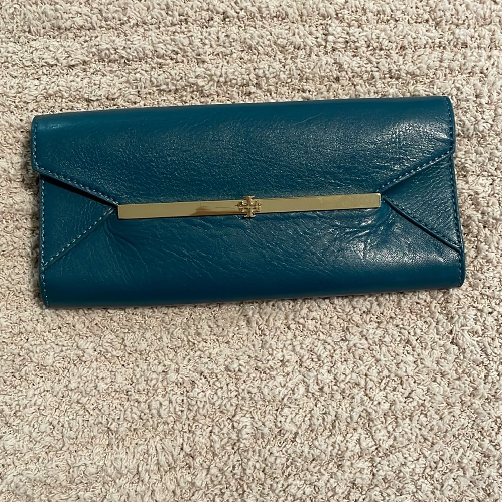 Tory Burch Teal Blue Leather Flap Continental wallet